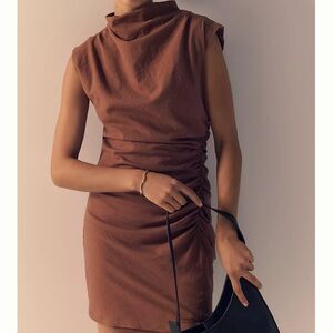 Anthropologie The Maya Linen Blend Ruched Dress Brown Size Small